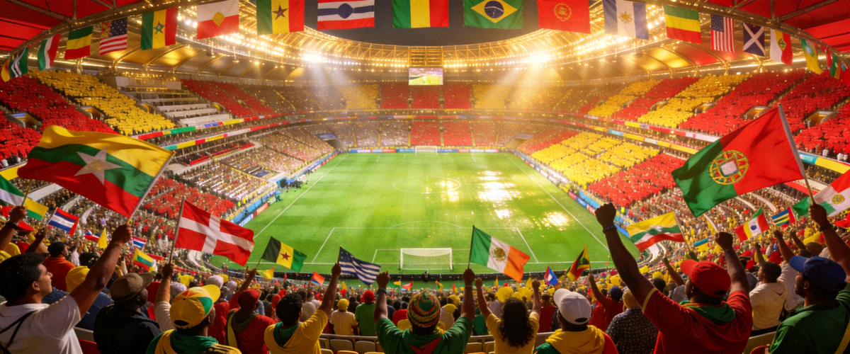 世界杯主会场盛况 - 座无虚席的体育场内球迷欢呼，中央是绿色的足球场